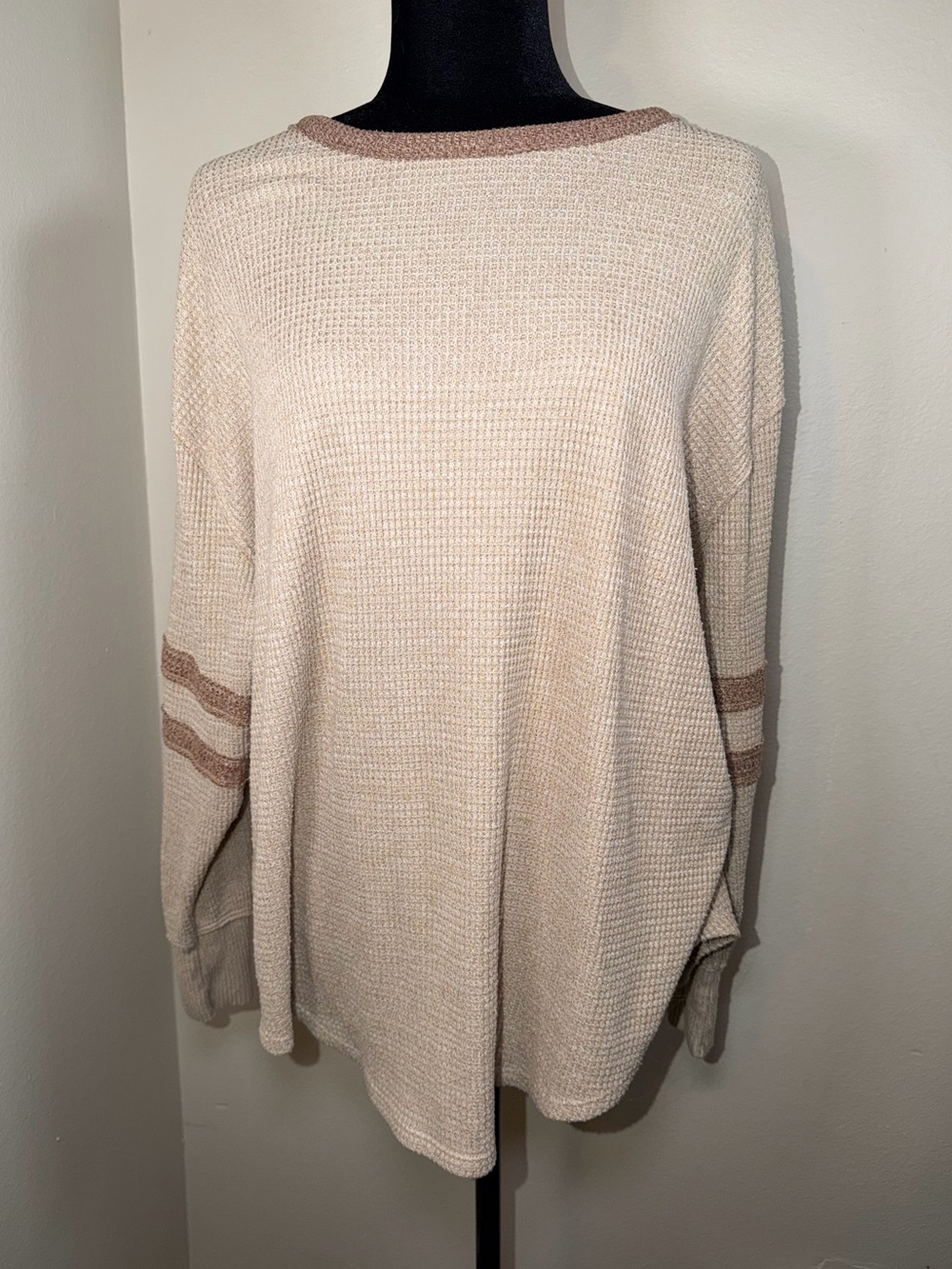 SO Waffle Knit Stripes Comfy Oversized Thermal Long Sleeve Top Preppy Casual